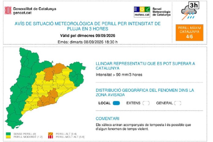 mapa-090926 Limitació de la mobilitat demà per previsió de pluges torrencials